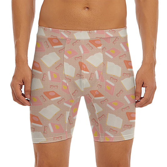 Reading Books And Glasses Pattern Print Men's Long Boxer Briefs