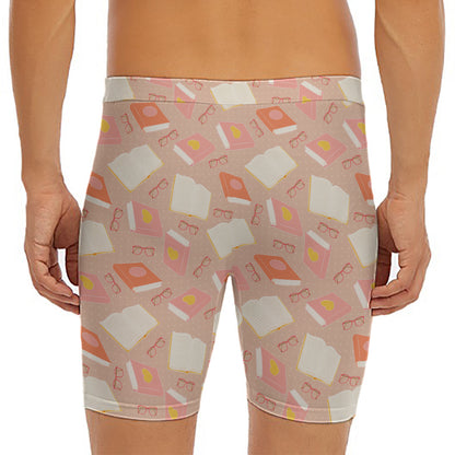 Reading Books And Glasses Pattern Print Men's Long Boxer Briefs