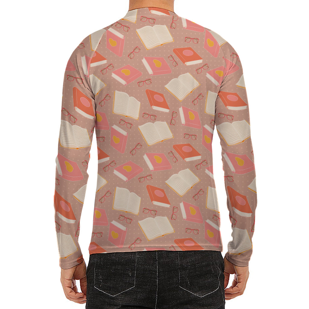 Reading Books And Glasses Pattern Print Men's Long Sleeve Rash Guard