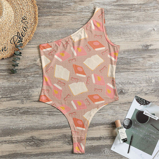 Reading Books And Glasses Pattern Print One Shoulder Bodysuit