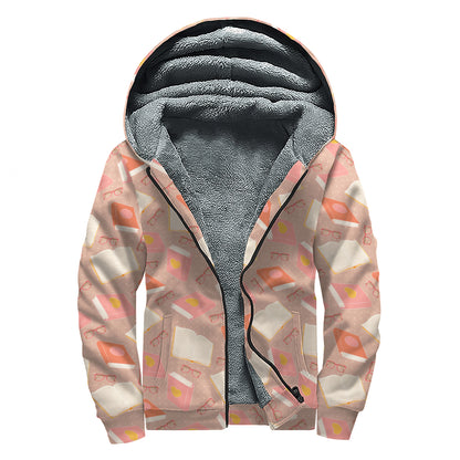 Reading Books And Glasses Pattern Print Sherpa Lined Zip Up Hoodie