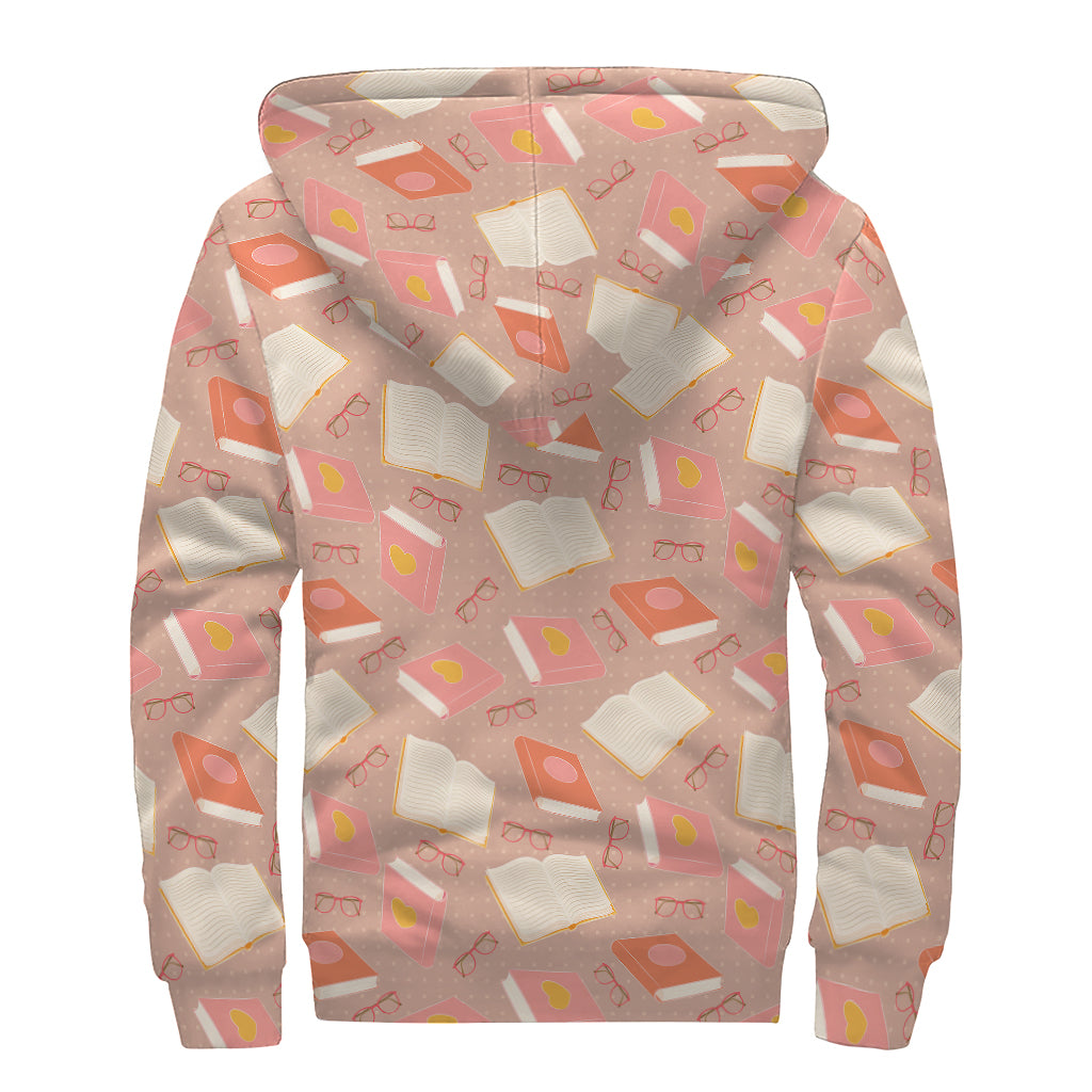 Reading Books And Glasses Pattern Print Sherpa Lined Zip Up Hoodie