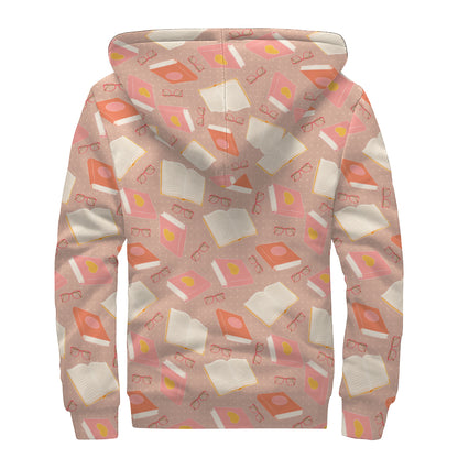 Reading Books And Glasses Pattern Print Sherpa Lined Zip Up Hoodie