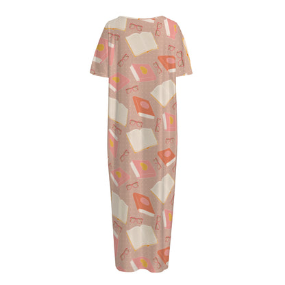 Reading Books And Glasses Pattern Print Short Sleeve Long Nightdress