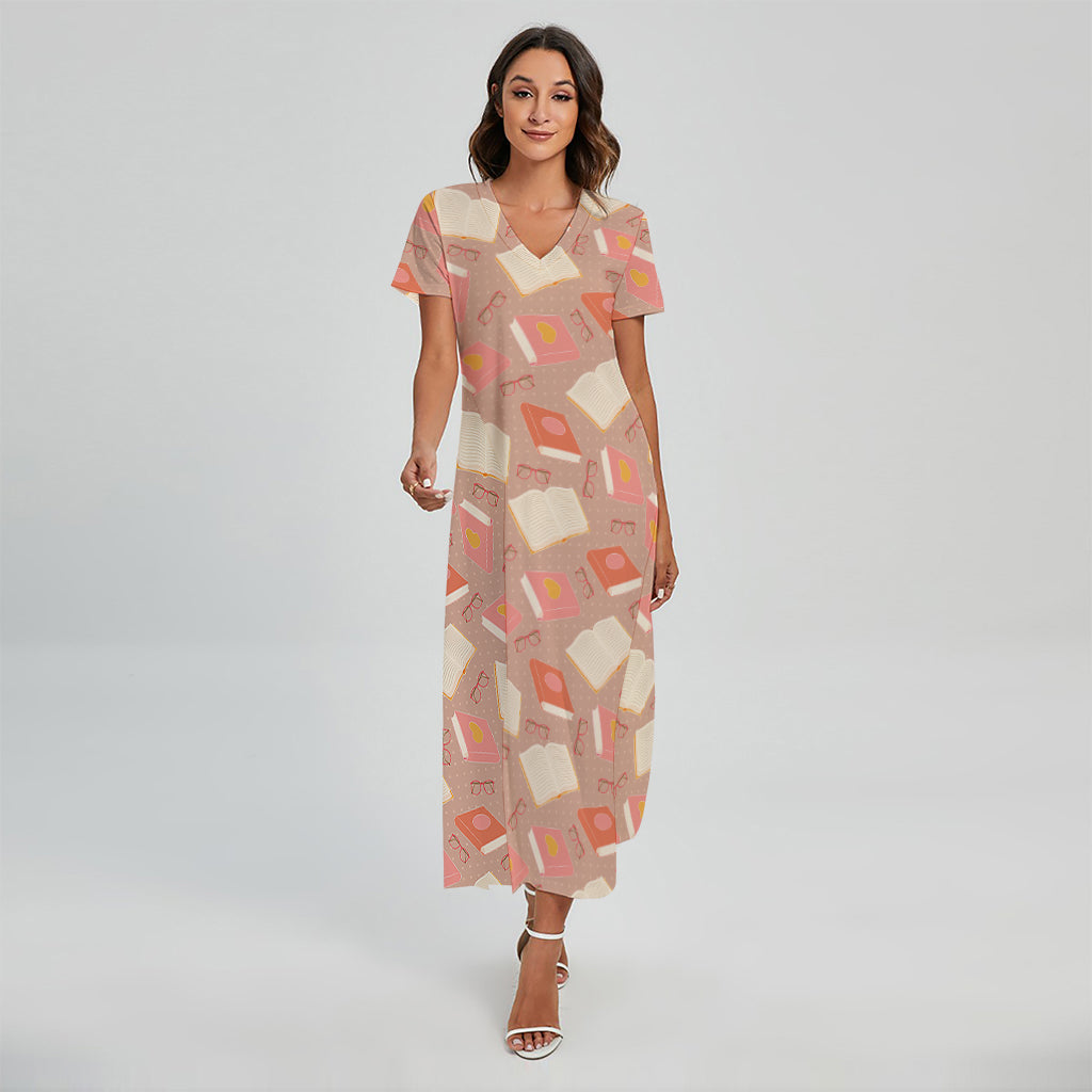 Reading Books And Glasses Pattern Print Short Sleeve Maxi Dress