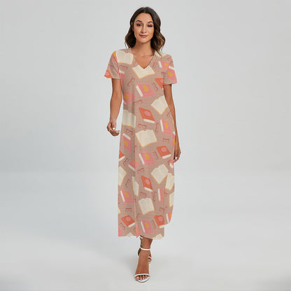 Reading Books And Glasses Pattern Print Short Sleeve Maxi Dress