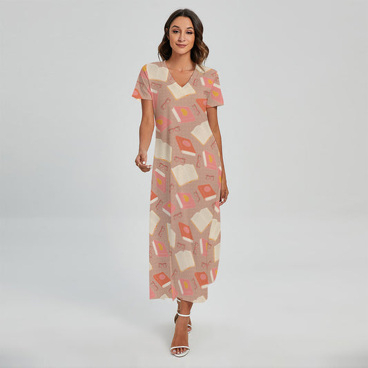 Reading Books And Glasses Pattern Print Short Sleeve Maxi Dress