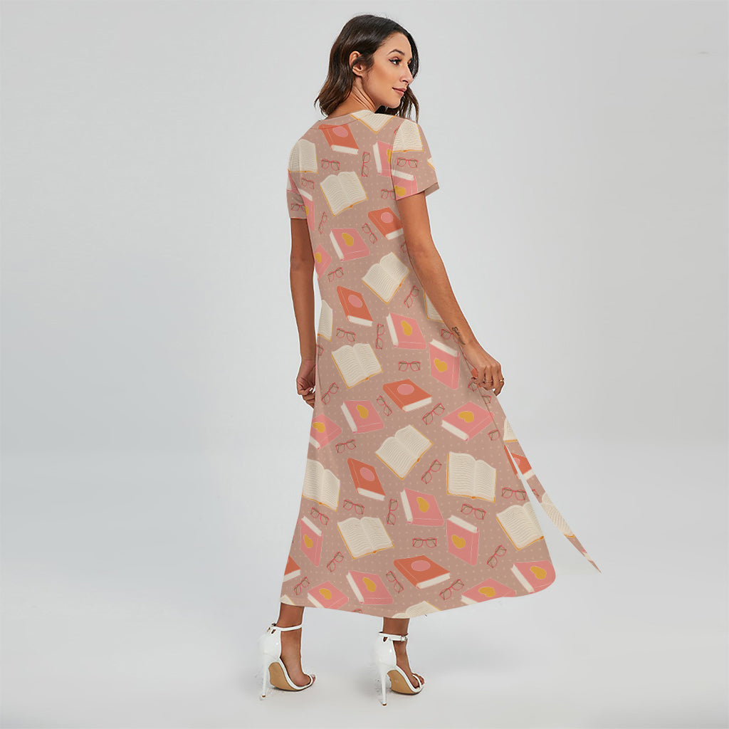 Reading Books And Glasses Pattern Print Short Sleeve Maxi Dress
