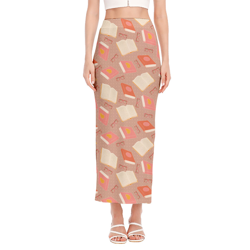Reading Books And Glasses Pattern Print Side Slit Maxi Skirt