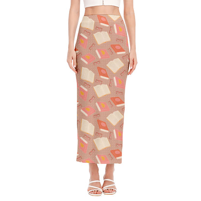 Reading Books And Glasses Pattern Print Side Slit Maxi Skirt