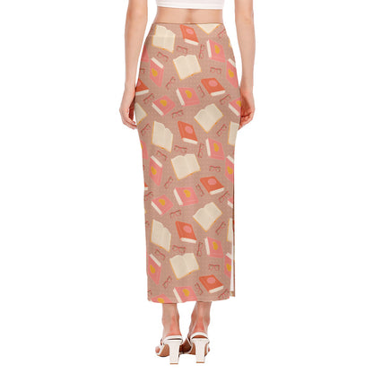 Reading Books And Glasses Pattern Print Side Slit Maxi Skirt