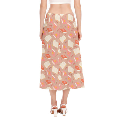 Reading Books And Glasses Pattern Print Side Slit Midi Skirt