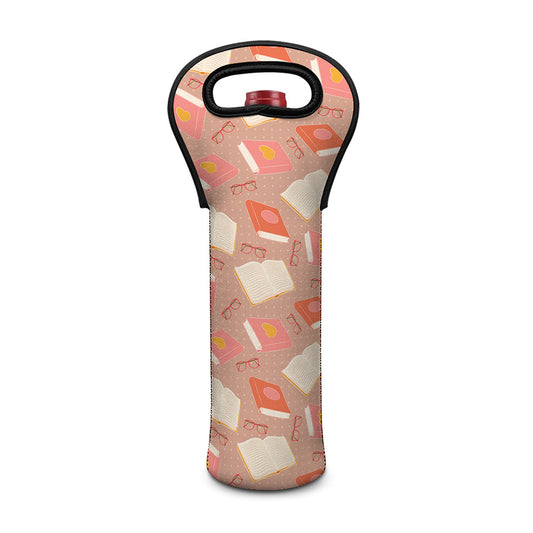 Reading Books And Glasses Pattern Print Single Neoprene Wine Tote