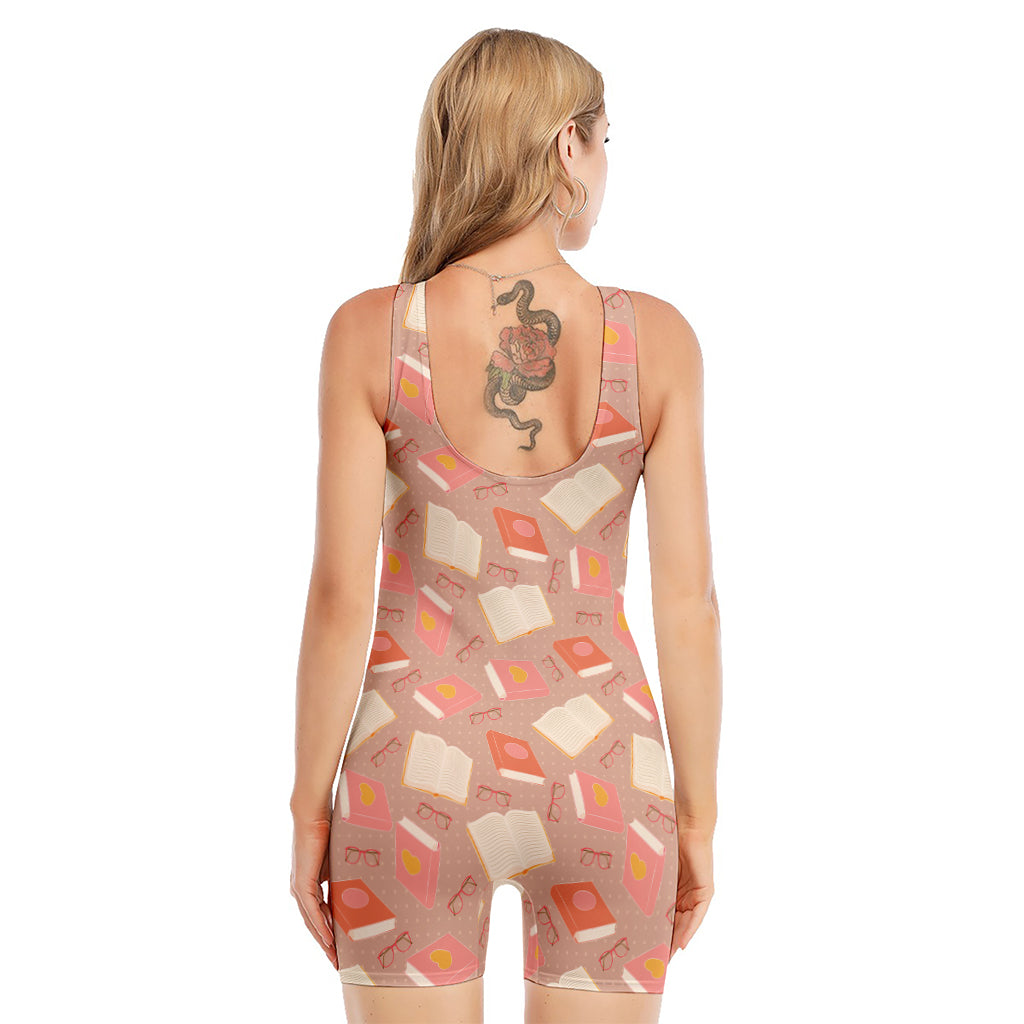 Reading Books And Glasses Pattern Print Sleeveless One Piece Swimsuit