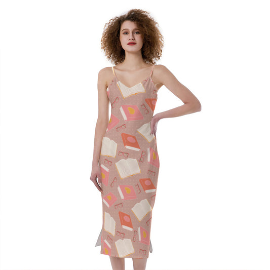 Reading Books And Glasses Pattern Print Slim Fit Midi Cami Dress