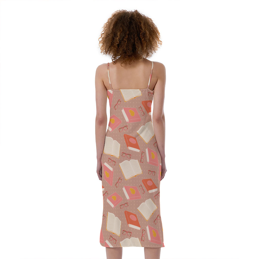 Reading Books And Glasses Pattern Print Slim Fit Midi Cami Dress