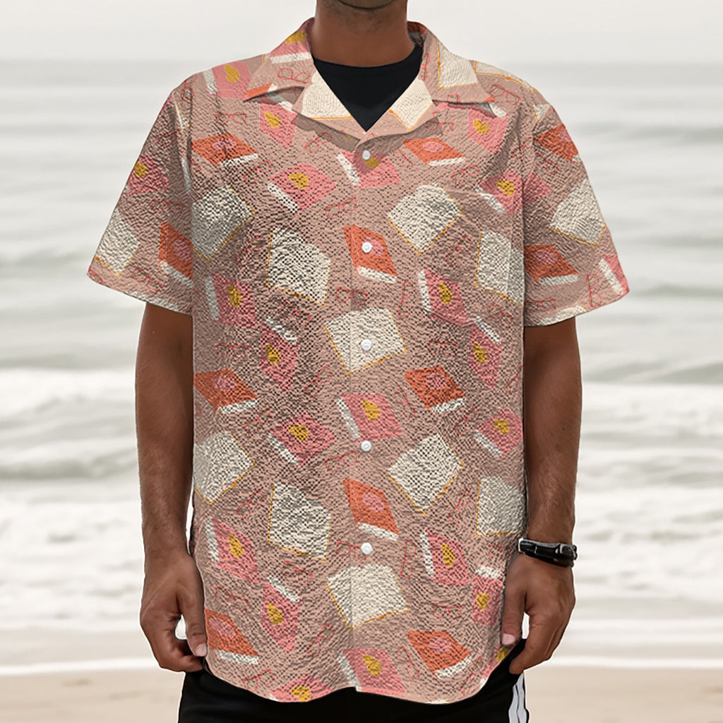 Reading Books And Glasses Pattern Print Textured Short Sleeve Shirt