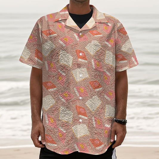 Reading Books And Glasses Pattern Print Textured Short Sleeve Shirt