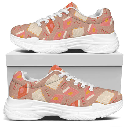 Reading Books And Glasses Pattern Print White Chunky Shoes