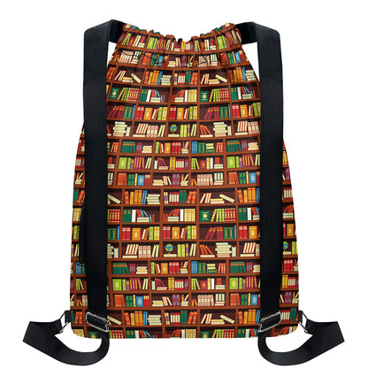Reading Library Pattern Print Drawstring Backpack