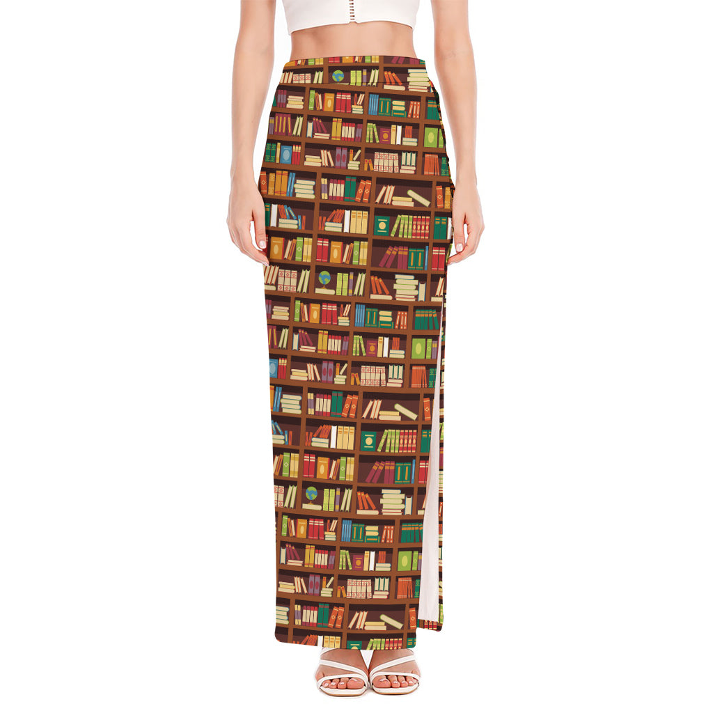 Reading Library Pattern Print High Slit Maxi Skirt