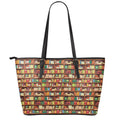 Reading Library Pattern Print Leather Tote Bag With Zipper