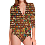Reading Library Pattern Print Long Sleeve Swimsuit