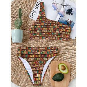 Reading Library Pattern Print One Shoulder Bikini Top