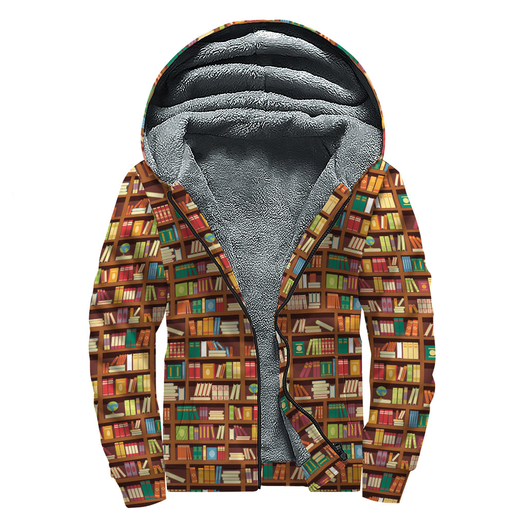 Reading Library Pattern Print Sherpa Lined Zip Up Hoodie