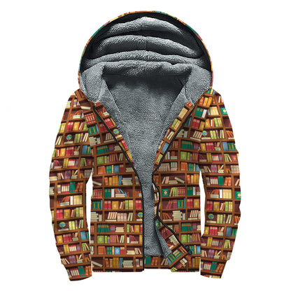 Reading Library Pattern Print Sherpa Lined Zip Up Hoodie
