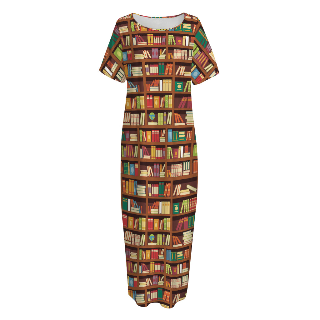 Reading Library Pattern Print Short Sleeve Long Nightdress