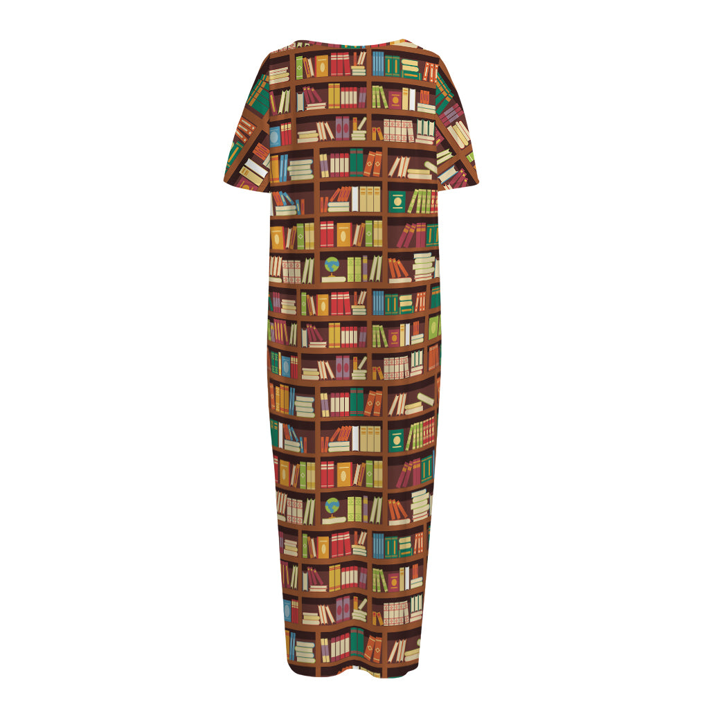 Reading Library Pattern Print Short Sleeve Long Nightdress