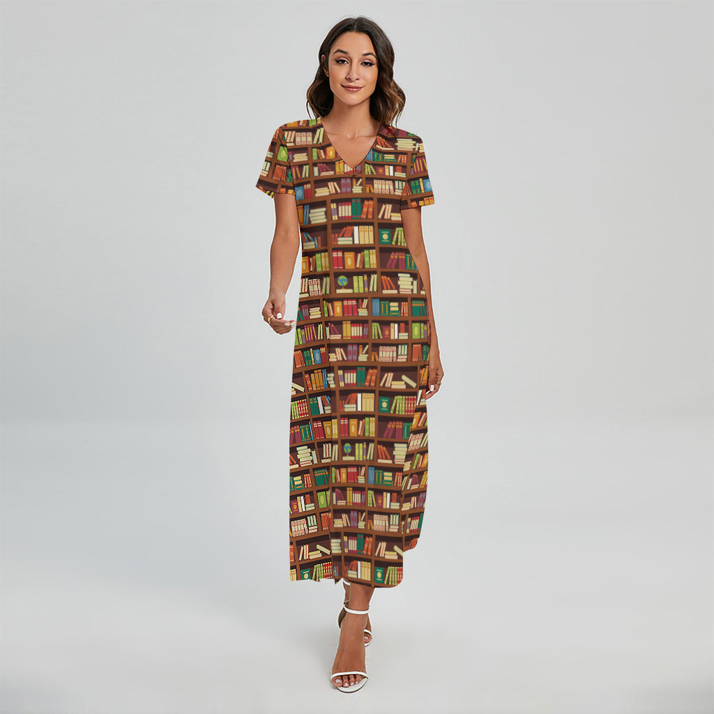 Reading Library Pattern Print Short Sleeve Maxi Dress