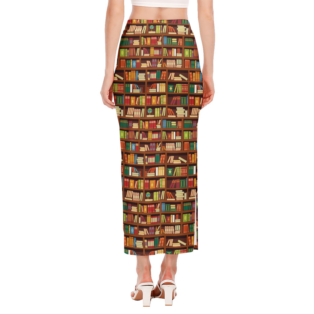 Reading Library Pattern Print Side Slit Maxi Skirt