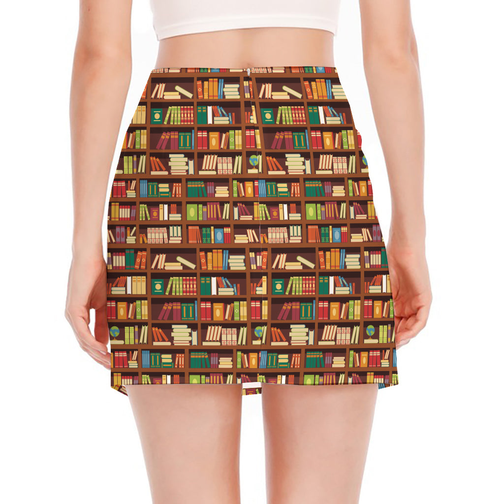 Reading Library Pattern Print Side Slit Mini Skirt