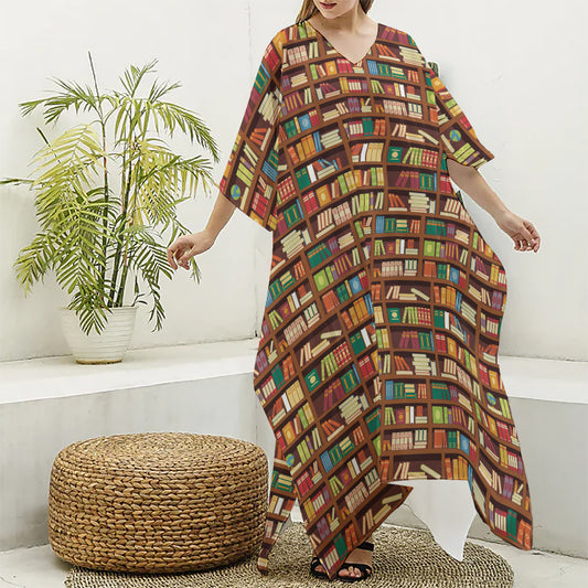 Reading Library Pattern Print Silk V-Neck Kaftan Dress