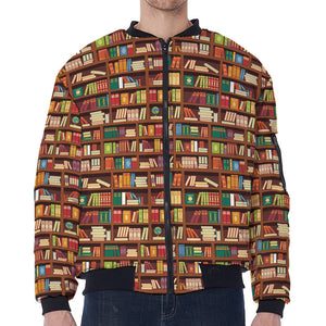 Reading Library Pattern Print Zip Sleeve Bomber Jacket