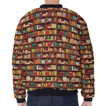 Reading Library Pattern Print Zip Sleeve Bomber Jacket