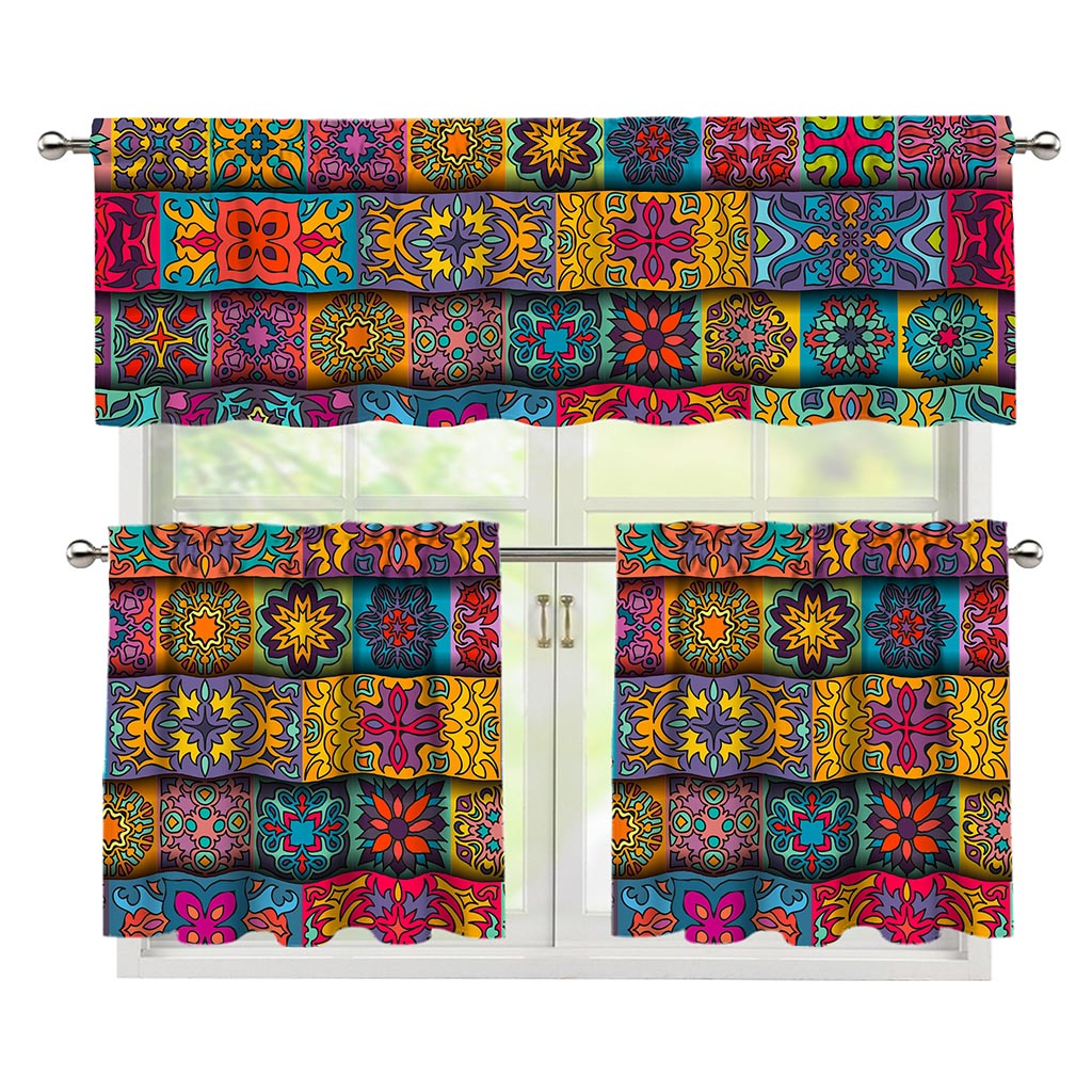 Rectangle Mandala Bohemian Pattern Print 3 Piece Kitchen Curtains