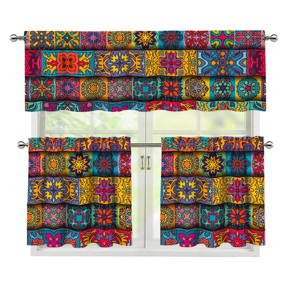 Rectangle Mandala Bohemian Pattern Print 3 Piece Kitchen Curtains