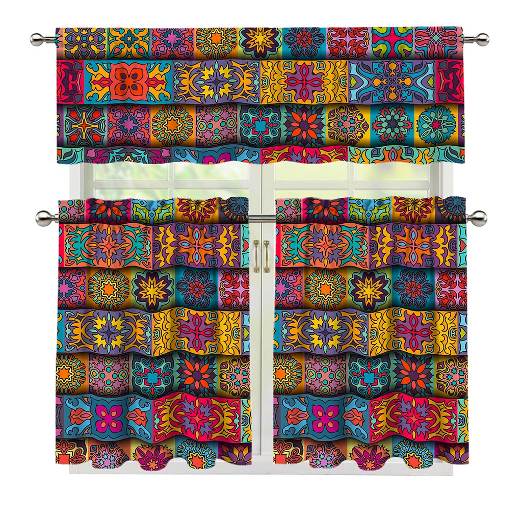 Rectangle Mandala Bohemian Pattern Print 3 Piece Kitchen Curtains