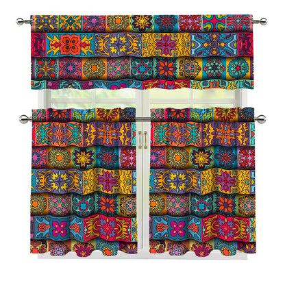 Rectangle Mandala Bohemian Pattern Print 3 Piece Kitchen Curtains