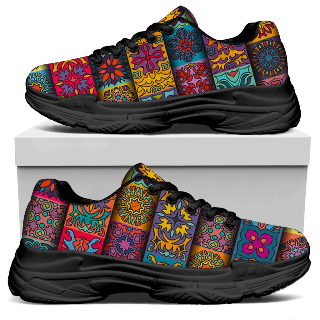 Rectangle Mandala Bohemian Pattern Print Black Chunky Shoes