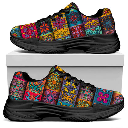 Rectangle Mandala Bohemian Pattern Print Black Chunky Shoes