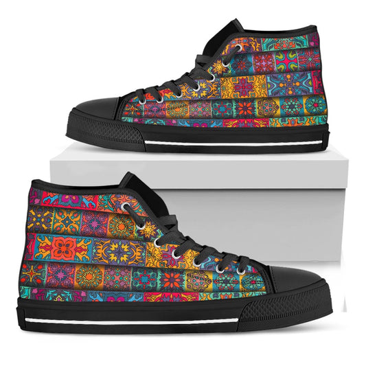Rectangle Mandala Bohemian Pattern Print Black High Top Sneakers