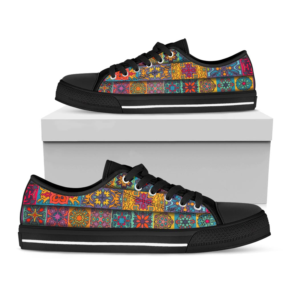 Rectangle Mandala Bohemian Pattern Print Black Low Top Sneakers