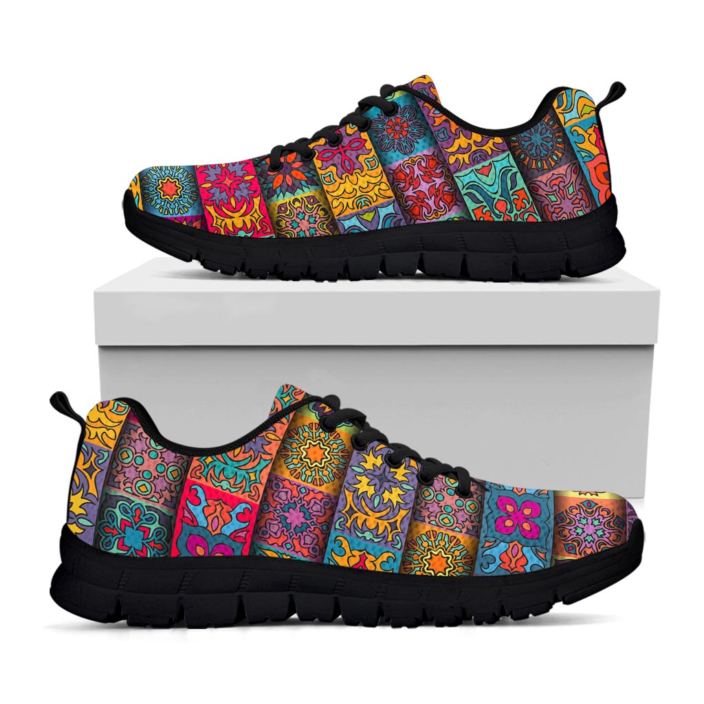 Rectangle Mandala Bohemian Pattern Print Black Running Shoes