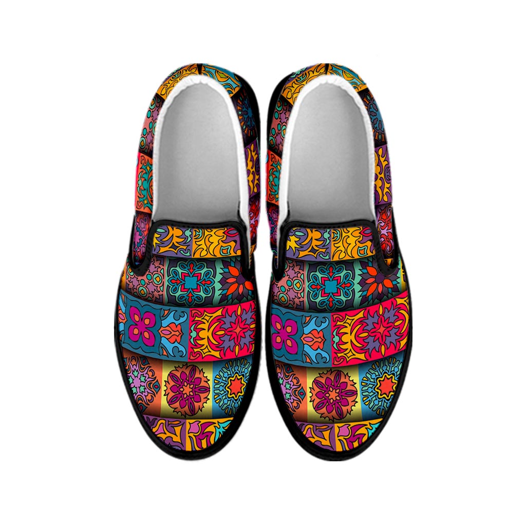 Rectangle Mandala Bohemian Pattern Print Black Slip On Sneakers