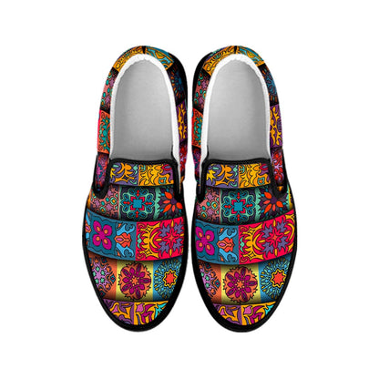Rectangle Mandala Bohemian Pattern Print Black Slip On Sneakers