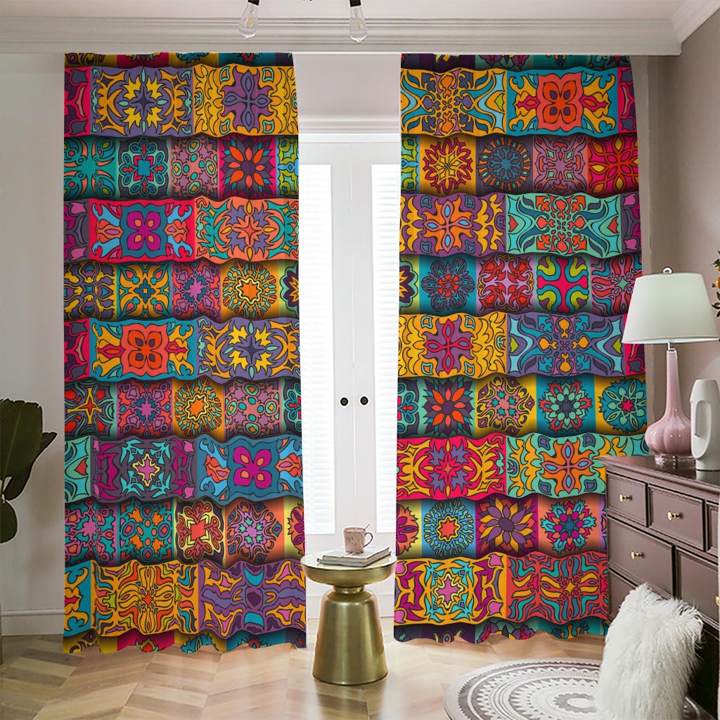 Rectangle Mandala Bohemian Pattern Print Blackout Pencil Pleat Curtains